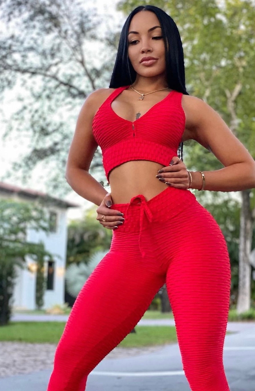 Red Tie Front Textured Leggings